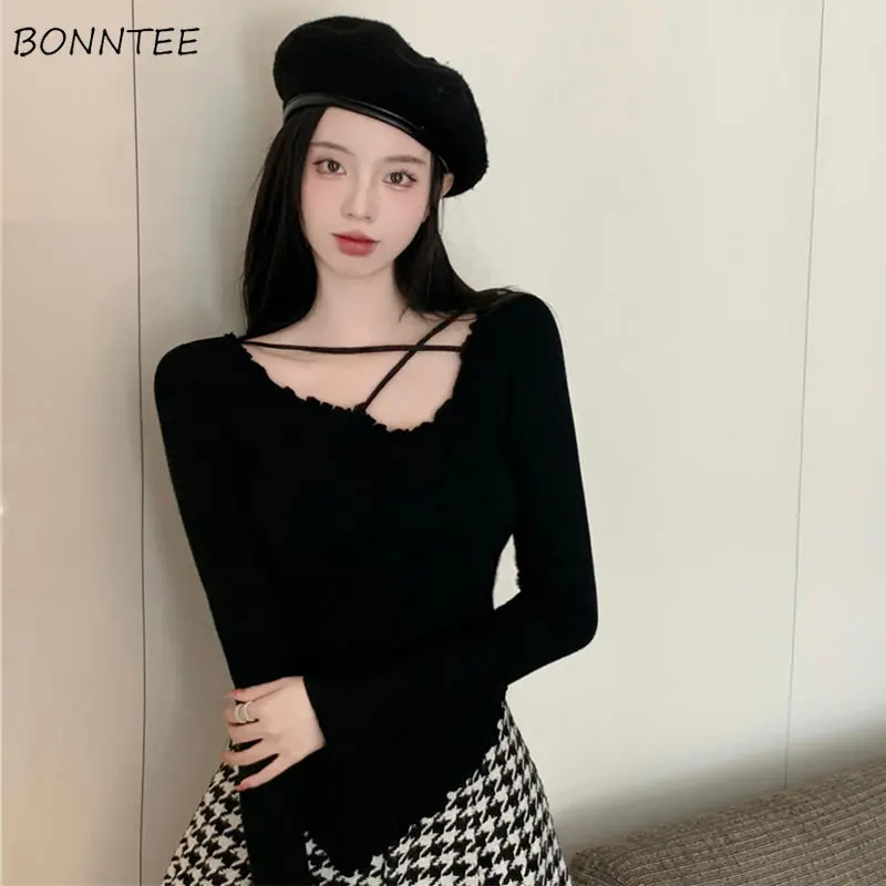 

Pullovers Women Casual Irregular All-match Slim Criss-cross Korean Style Sexy Inner Chic Fashion Solid Knitted Spring Aesthetic