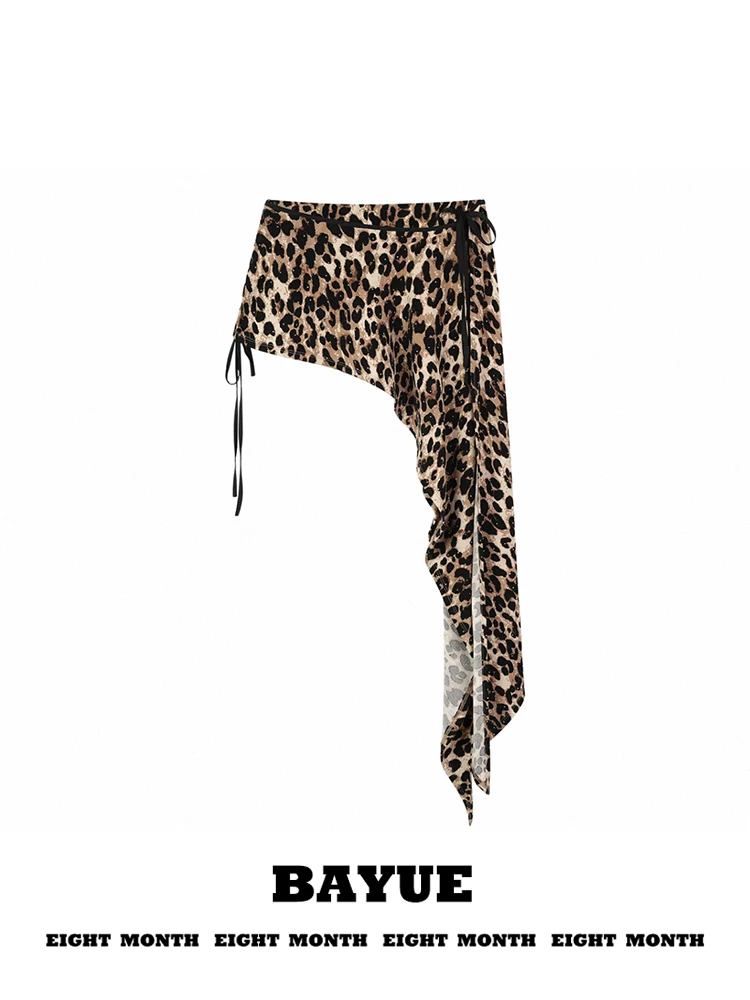 American Street Style Leopard Print  Skirt Asymmetrical Low Waist Trendy Short Skirt for Ladies Summer Collection