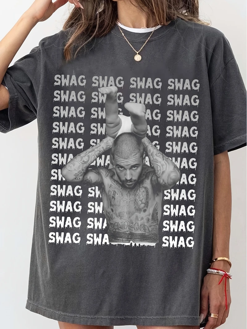 Justin SWAG tour commemorative T-shirts featuring Justin and Hailey Bieber logos, concert merchandise, and everyday casual wear.