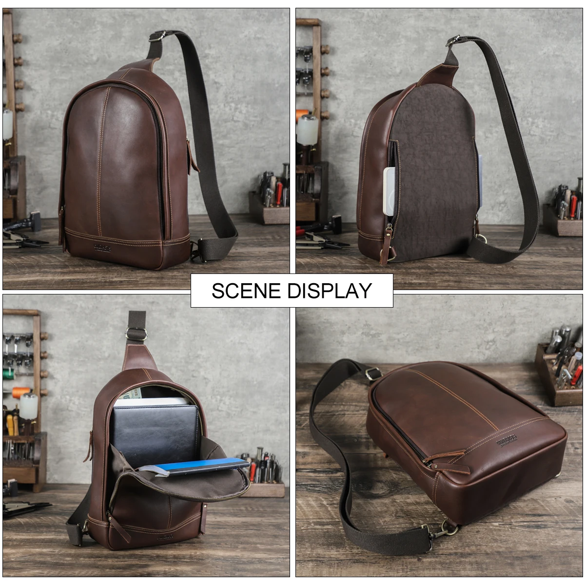 CONTACT'S Genuine Leather Single Shoulder Bags for Men Chest Bag Crossbody Bag Side Bag Male Messenger Bag for 13.3