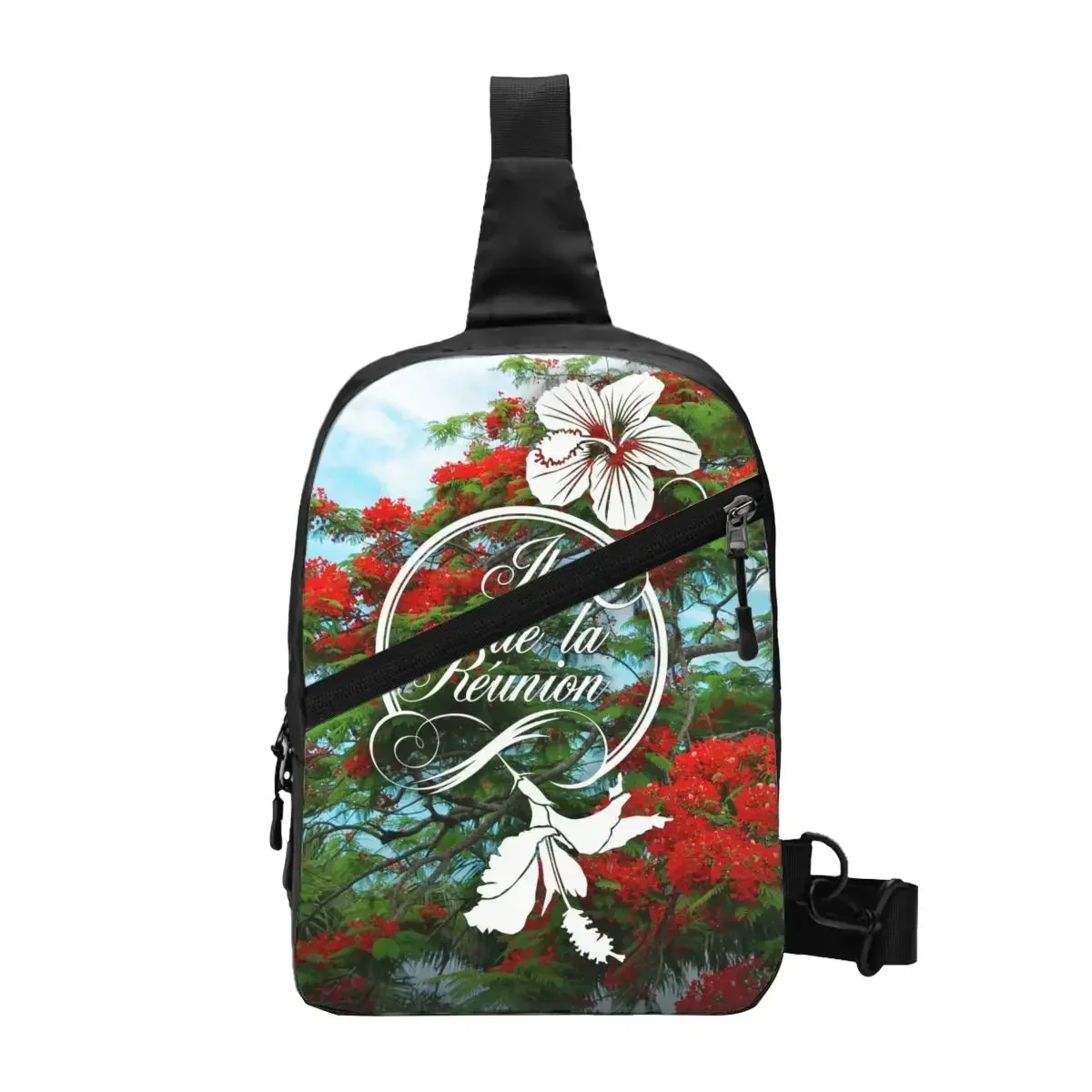 974 Reunion Island Flamboyant Hibiscus Sling Crossbody Chest Bag Men Cool Flowers Pattern Shoulder Backpack for Camping Biking