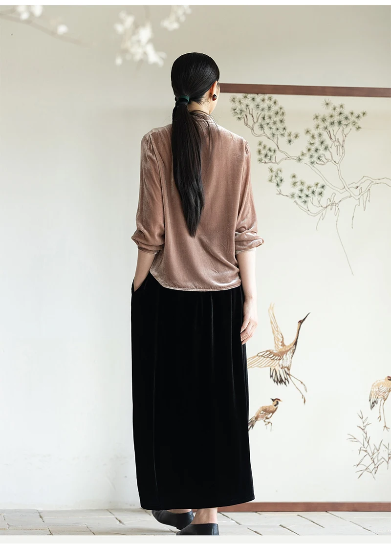 Fengbaoyu Natural Silk Velvet Women's Half-Dress Elegant and Simple A-Line Half-Dress with Loose and Large Fit Comfortable