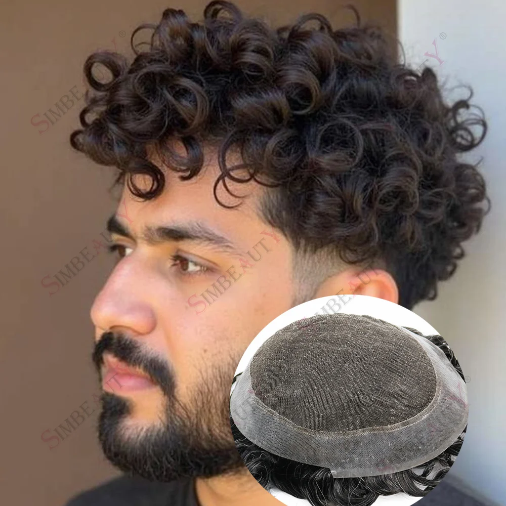 أستراليا الشعر المستعار 20 مللي متر مجعد تنفس الدانتيل بولي Base قاعدة الباروكات للرجال الرماد البني الرمادي الذكور الشعر الاصطناعية نظام الشعر الرجال #1