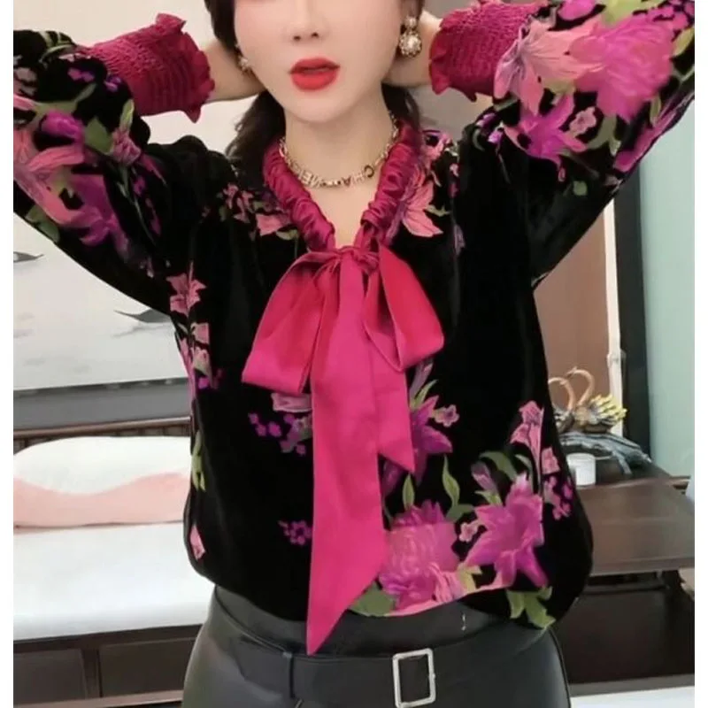 Spring Autumn New Women's Pullovers V-Neck Bow Spliced Printed Fashion Elegant Commuter Loose Long Sleeve Chiffon Shirt Tops