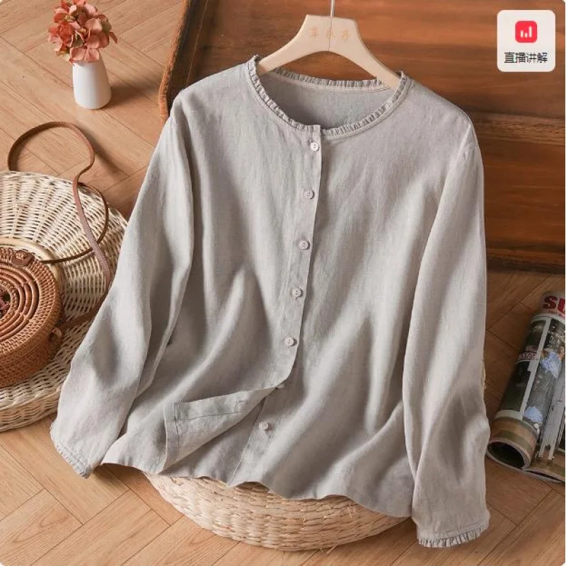 

Women Blouses Shirt Vintage Round Neck Full Sleeve Tops Ruffles Casual Work Y2k Streetwear Elegant Splice Shirts 2026 Spring