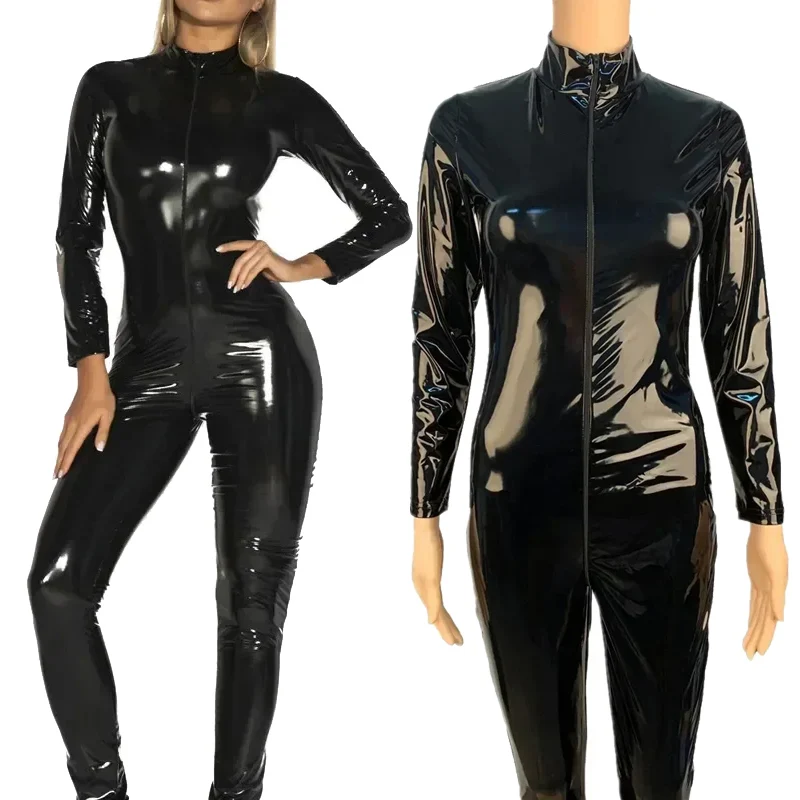 

Women Faux Leather Catsuit PVC Latex Bodysuit Front Zipper Open Crotch Jumpsuits Stretch Bodystocking Erotic Costumes