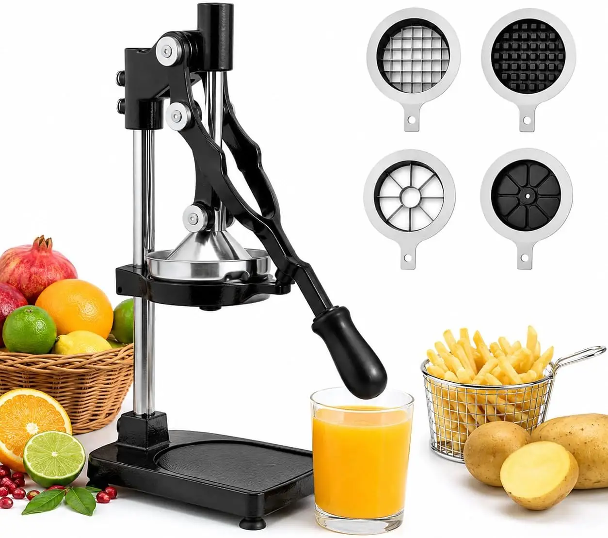 Manual Cast Iron 2-in-1 Citrus Juicer and Vegetable Chopper, Heavy Duty Hand Press Squeezer & Food Dicer with Interchangeable Blades, No Electricity, Easy to Clean, Fast Fresh Juice and Meal Prep in Seconds