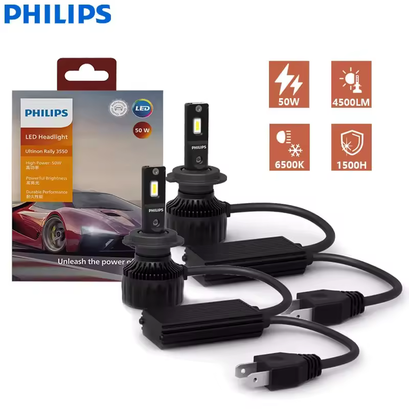 Philips Ultinon Rally 3550 LED, H4 H7 H11 HB3 HB4 HIInter 9005 9006 9012 100W 9000LM, Haute Puissance 6500K, Blanc Brcorporelle, Lampes Frontales de Voiture