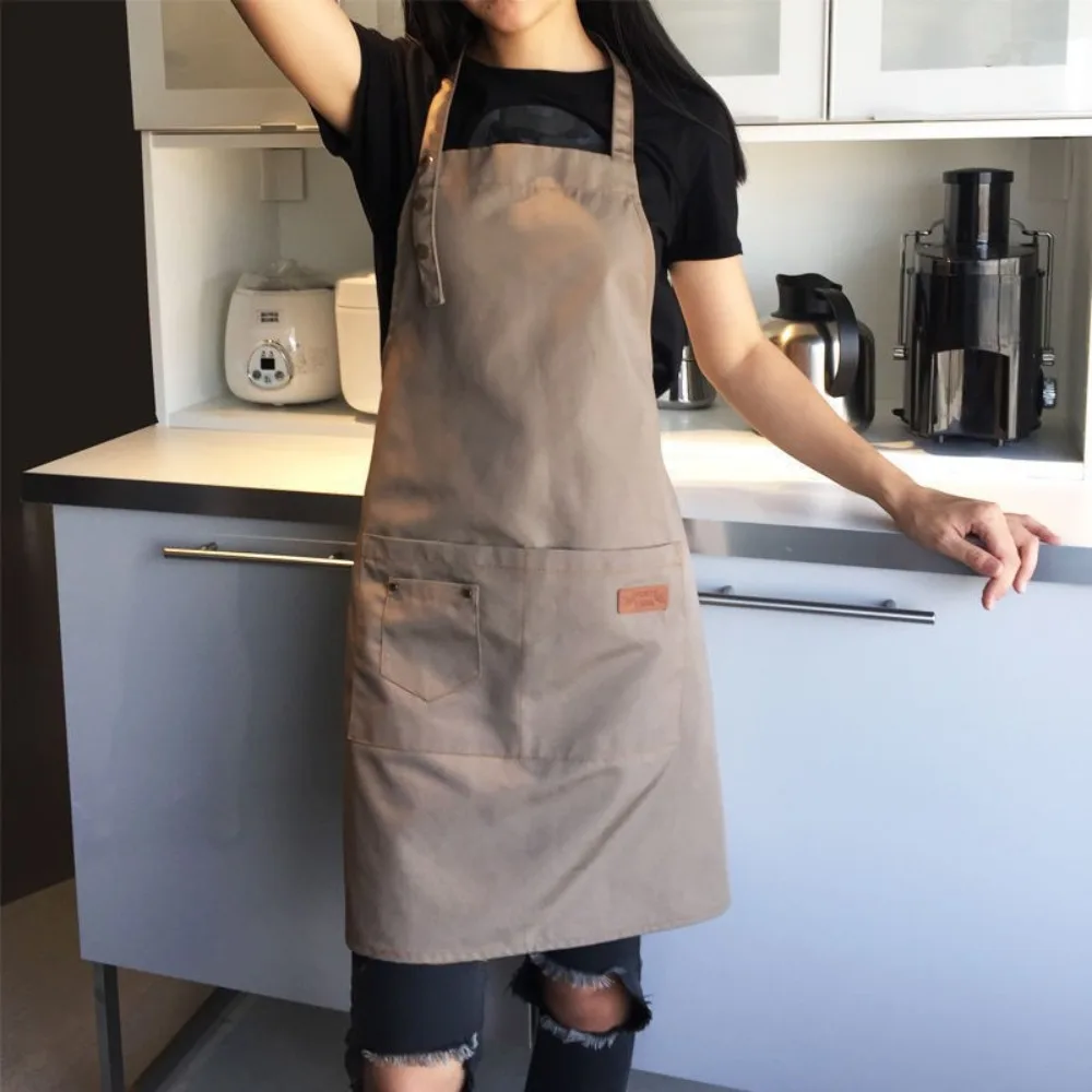 

Новый водоотталкивающий однотонный рабочий фартук с карманами Pinafore, утолщенный износостойкий кухонный аксессуар