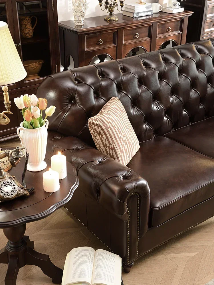 Leather Sofa Brown First Layer Cowhide Three Four-Seat 2.6 M Straight Row Sofa Retro Living Room Furniture