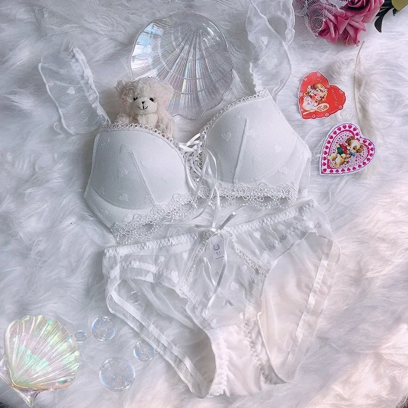 Conjunto de sujetador de vendaje Sexy japonés para mujer, ropa interior sin costuras Lolita, bragas, ropa Kawaii, lencería para mujer, azul, rosa, nuevo, 2022