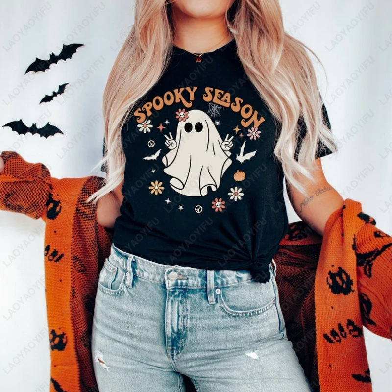 

Spooky Season Retro Halloween Funny Ghost Tees Vintage Fall Pumpkin Graphic Print Tshirt Gift Men Women Cotton Cute Casual Tops