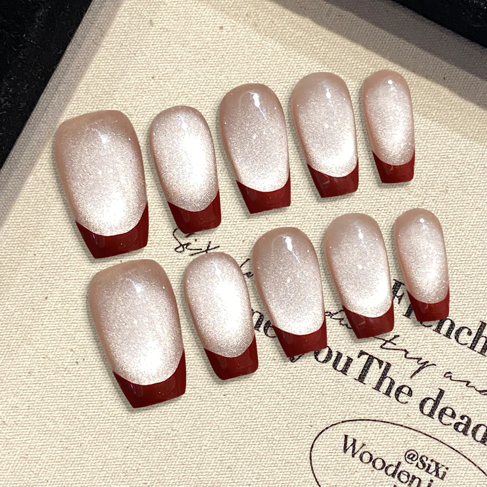 10pcs Press On Nails Retro Red Cat's Eye Simple Handmade Fake Nails Short Long Ballet Wearable Wine Red French False Nail Coffin