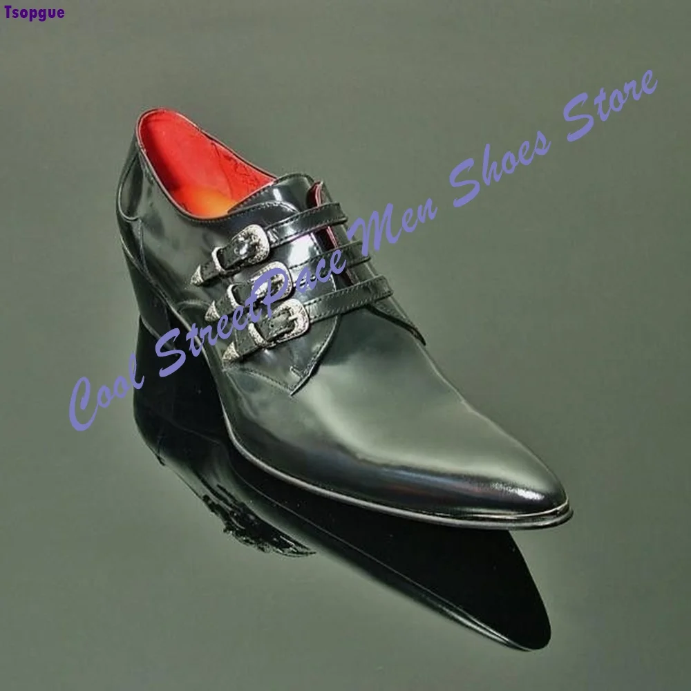 Gothic Black Gloss Patent Leather Triple Metal Buckle Monk Shoes Men Sharp Pointed Toe Luxury Wedding Party Gothic Formal Shoes