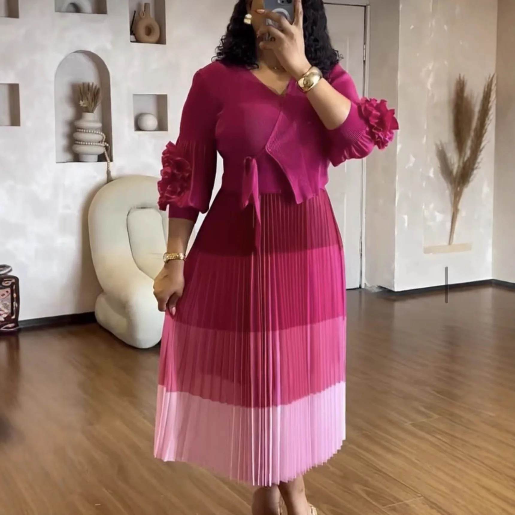 

Miyake Pleated Large Size Fake Two-piece Dress for Women 2026 Fashion Printed V-neck Short-sleeved Lace-up Elegant Pleated Skirt