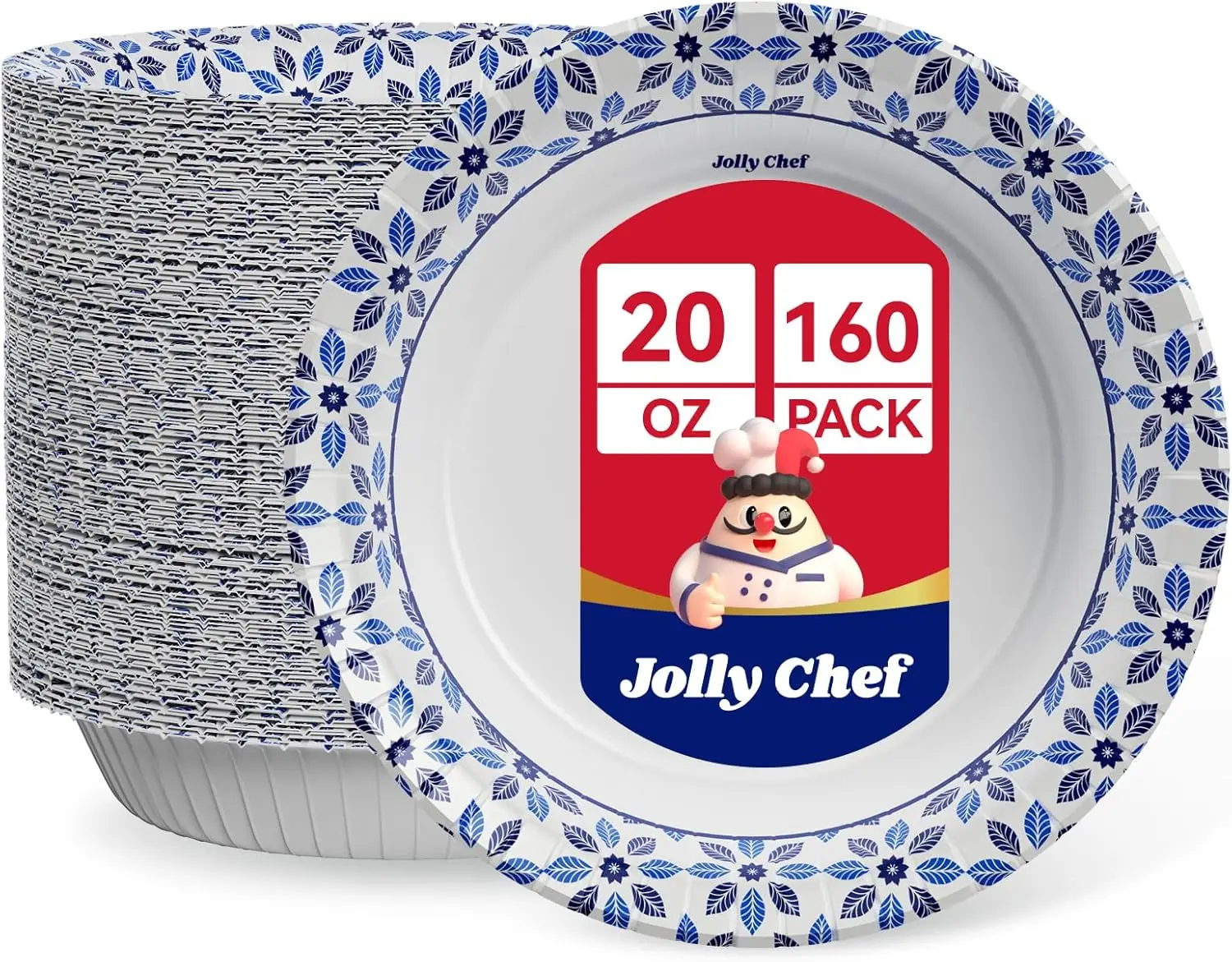JOLLY CHEF 160 Count Paper Bowls 20 oz Soak Proof, Heavy Duty Printed Disposable Bowls Bulk for Dinner or Lunch