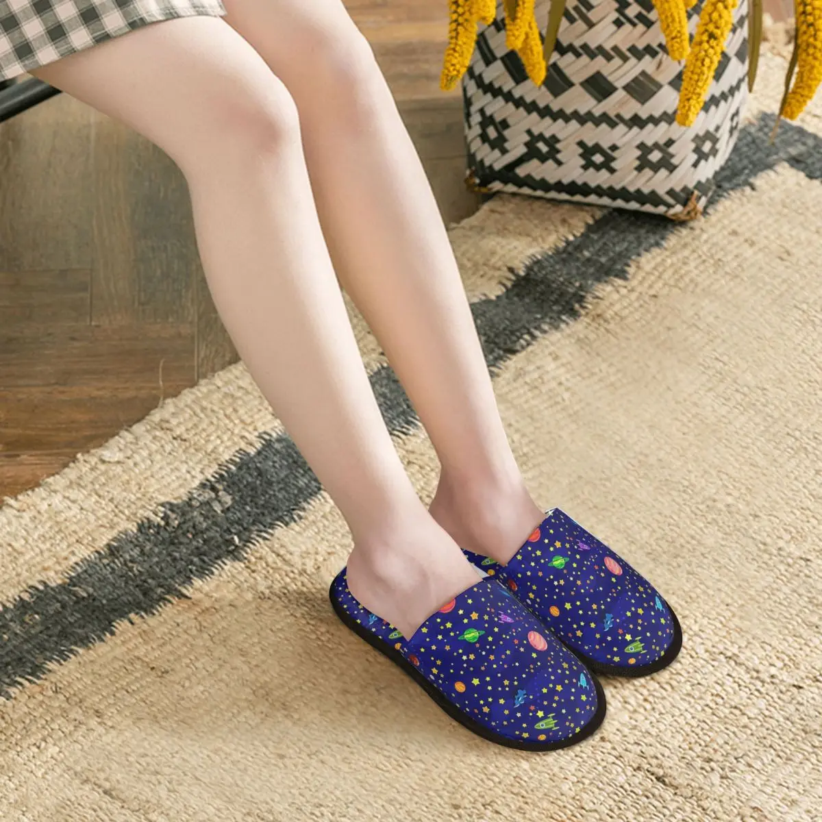 Custom Starry Sky Space Galaxy Sun Moon Slippers Memory Foam Warm Soft Women House Slipper Indoor Fluffy Shoes