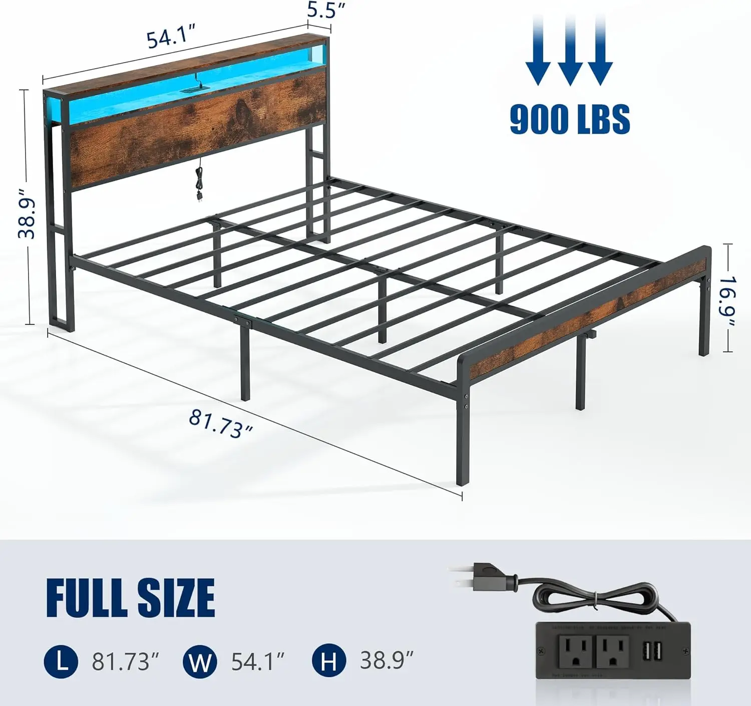 Frame, 2-Tier Storage Headboard with Charging Station, Sturdy Metal Bed Frame with RGB LED Lighting, USB Ports, 900lbs Weight Ca