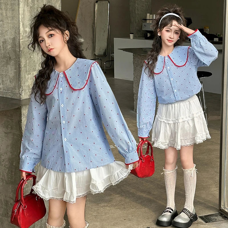 

Elegant Children Blue and White Striped Blouse with Heart for Tweens Girls Peter Pan Collar Long Sleeve Shirt Kids Autumn Tops