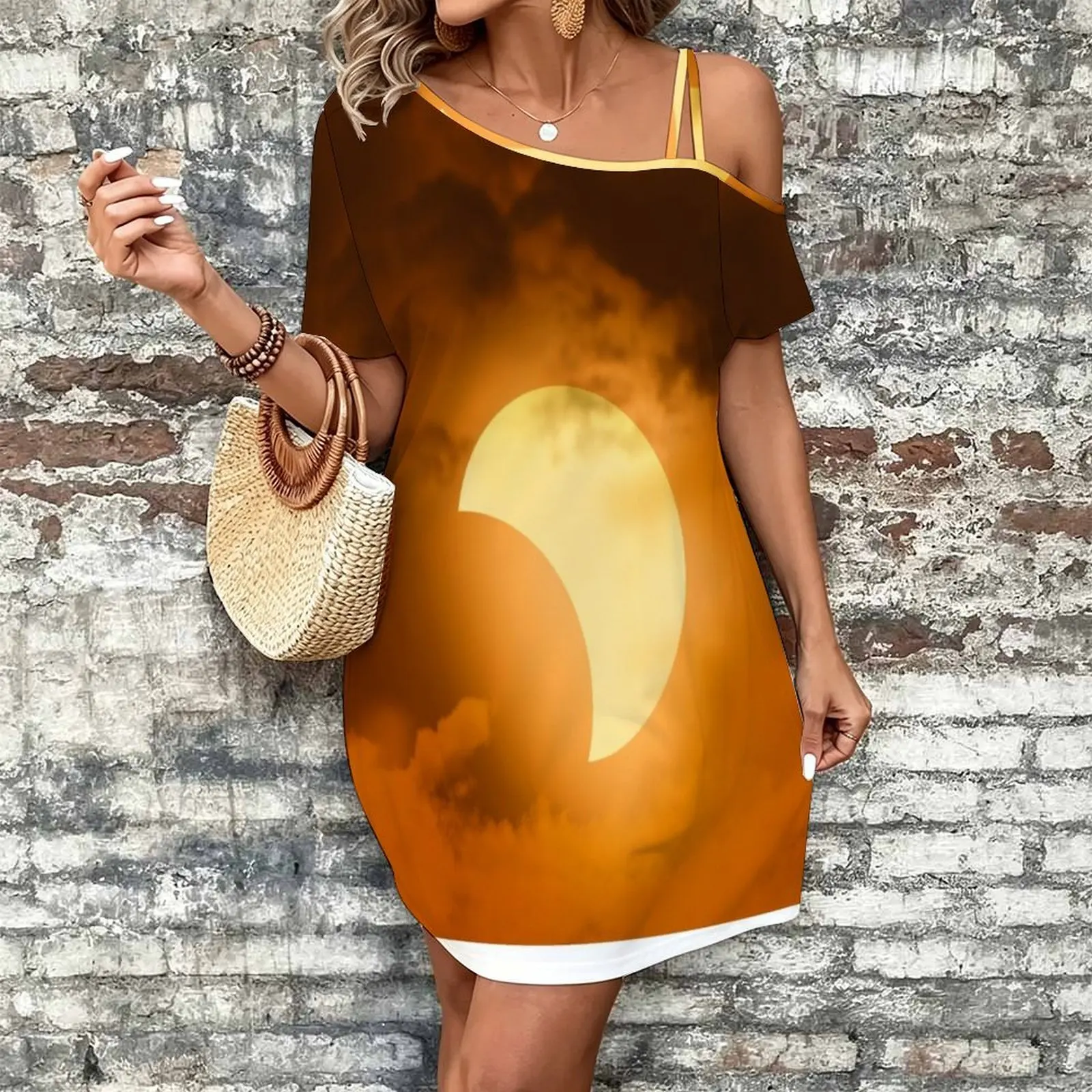 Solar Eclipse Women's Slanted Shoulder Single Strap Short-Sleeved Dress