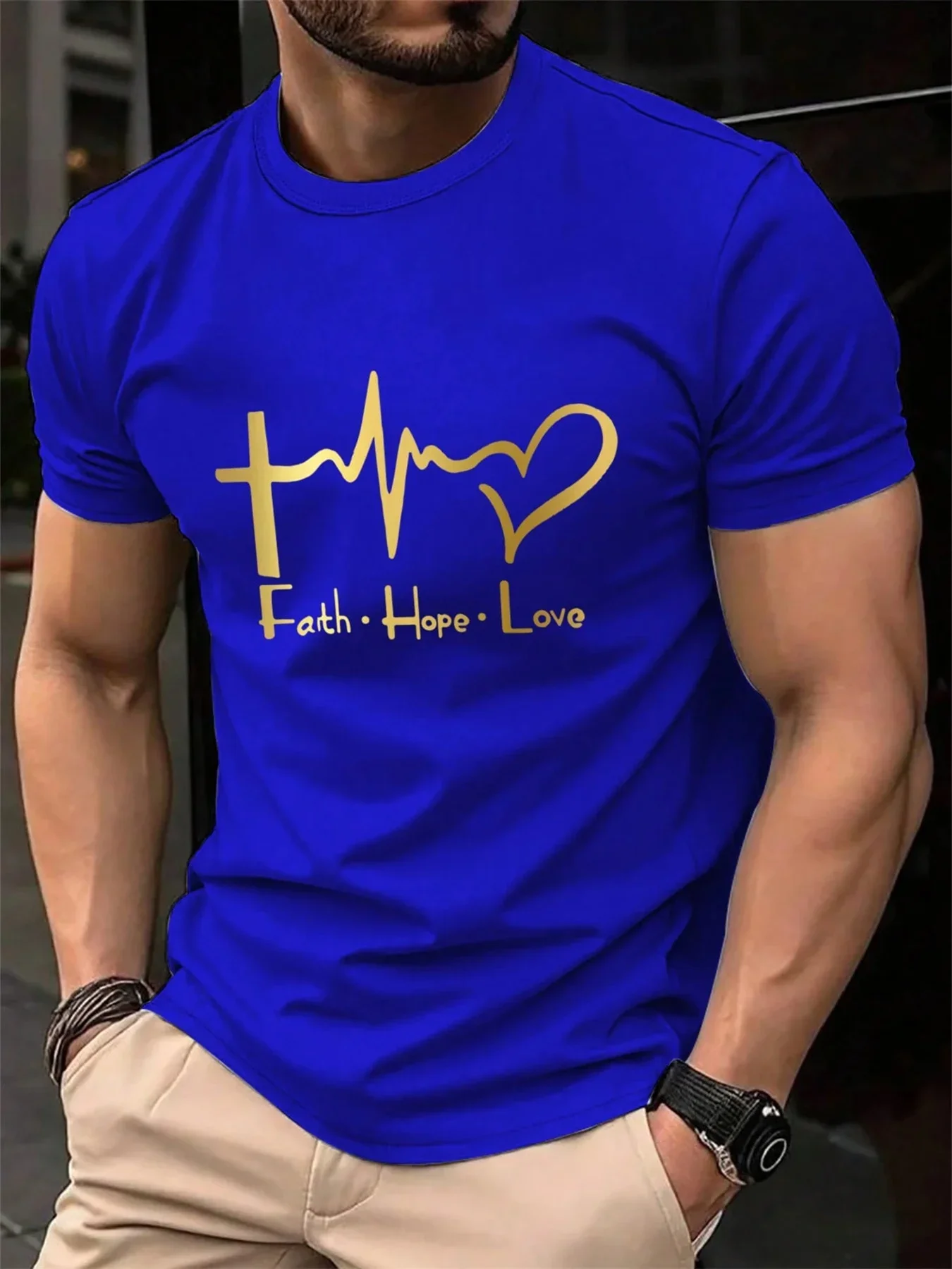 Sommerliches, modisches, lässiges, lockeres, großes, 3D-gedrucktes FAITH HOPE LOVE Sport-T-Shirt mit Rundhalsausschnitt und kurzen Ärmeln für Herren