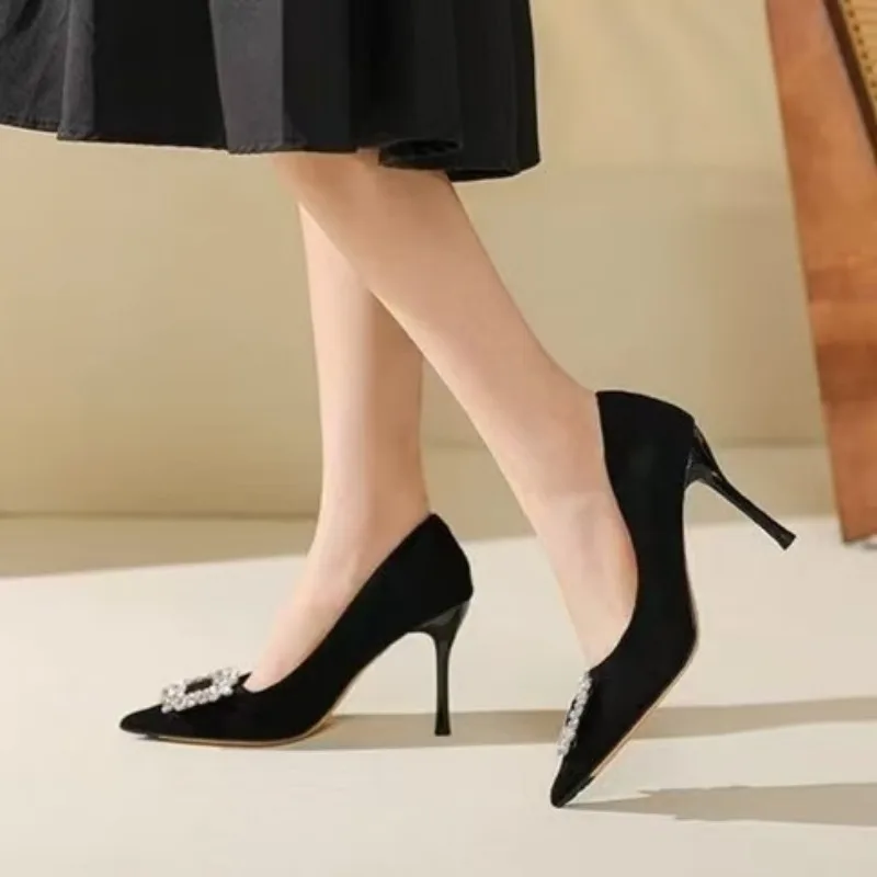 Elegant Black High Heels Women's Slim Heels Sexy Versatile Dress Socialite High Heels Pointed Square Diamond Sandals