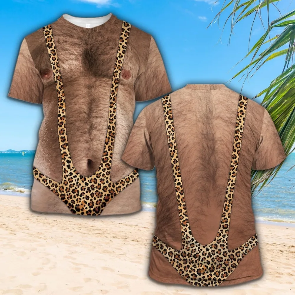 Men's 3D Muscle Print Swim Tee, Fun Leopard Print Bikini-Style Top, Adult Party Costume Top, Beach Bachelor Party Gift
