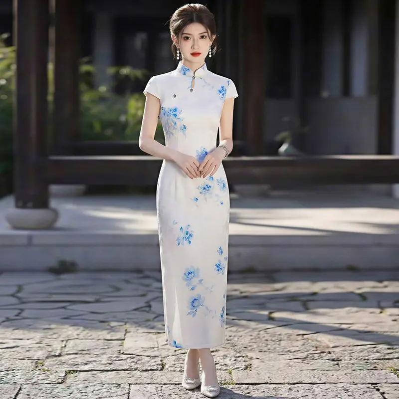 Spring Summer Blue and White Chinese Style New Chinese Suzhou Long Qipao Improved Young Style 2026 New Female Qipao Dress