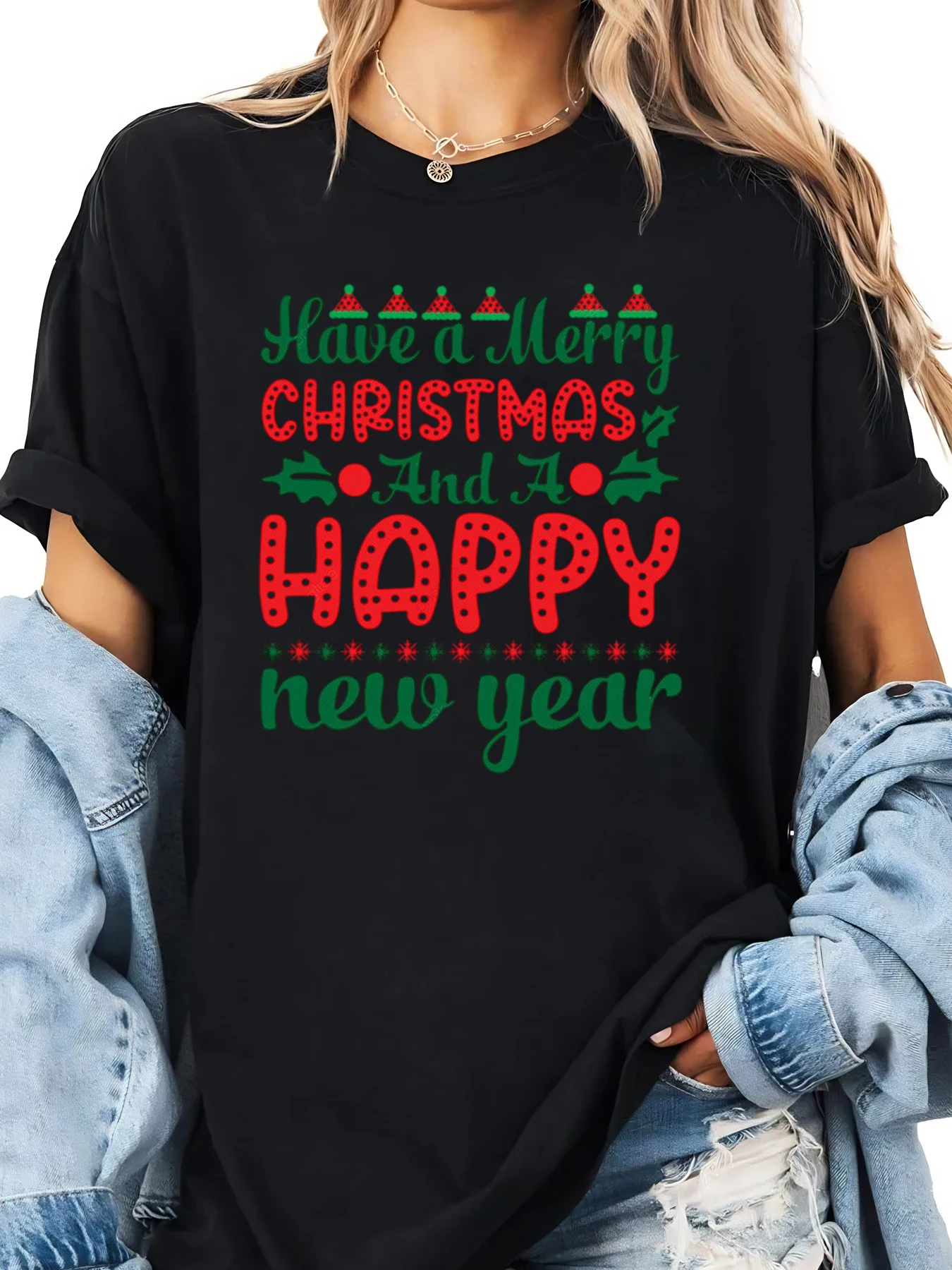 Vrolijk kerstfeest en gelukkig nieuwjaar Print T-shirt Vakantie Dames Vrijetijdskleding Feestoutfit Zwart Grote maten