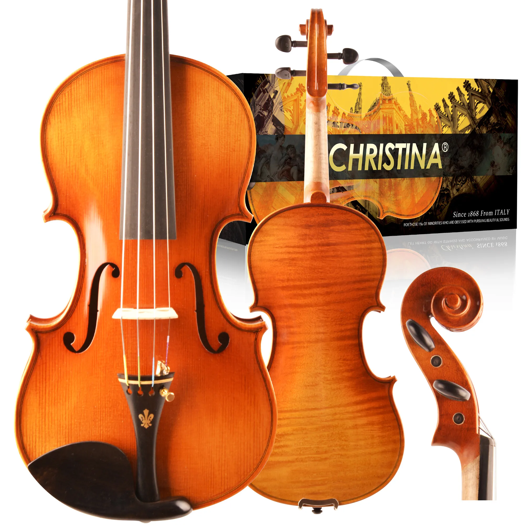 

CHRISTINA Violin One-piece Flame Maple Back V07A Golden Red Gradient New Varnish Formula Spruce Ebony Fittings for Intermediate