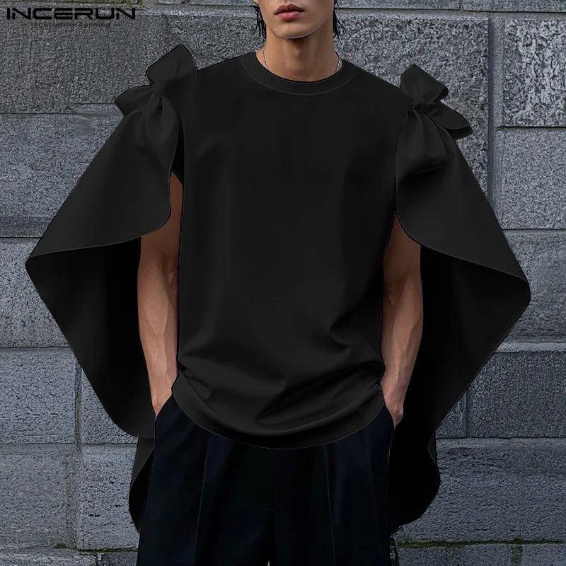

Men T Shirt Solid Color O-neck Short Sleeve Bow Casual Male Tee Tops Korean Style Loose Fashion Men Clothing Streetwear INCERUN