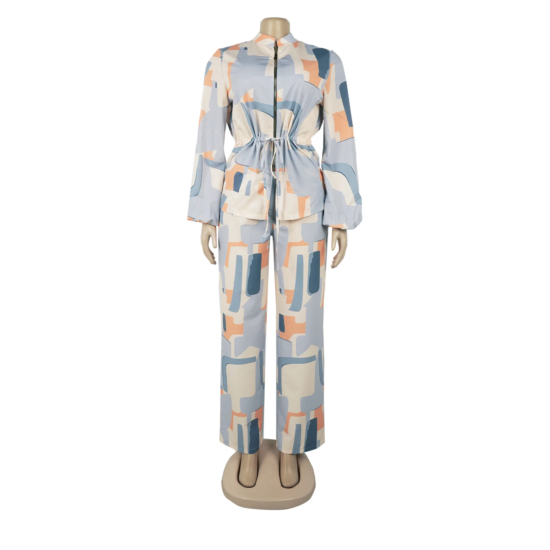 

2025 Europe America Elegant Commuter Stand-up Collar Printed Drawstring Waist Long Sleeve Two-piece Set