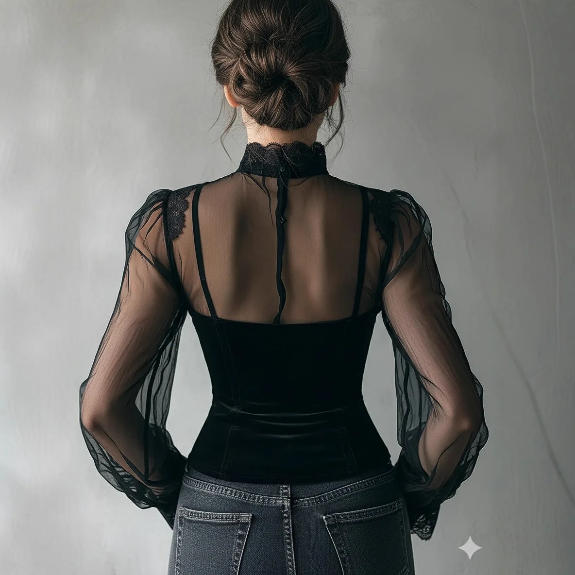 المرأة خمر شبكة بلوزة أنيقة عالية الرقبة الدانتيل تقليم شير كم طويل المخملية مشد قمة الموضة بلوزات القوطية غير رسمية #2