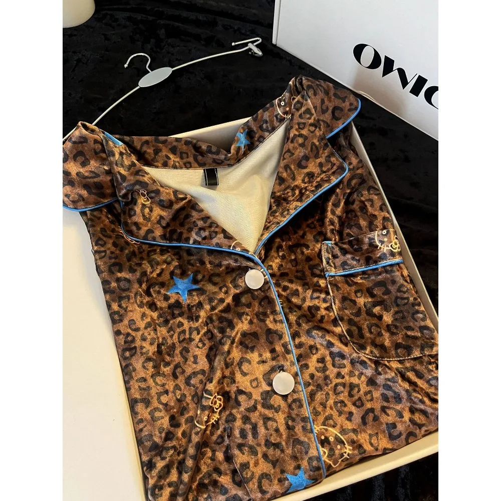 2026 New Women's Spring and Autumn Pajama Set with Long Sleeves, Pants, Leopard Pattern Cartoon Cat Bow Flip Collar, Smooth