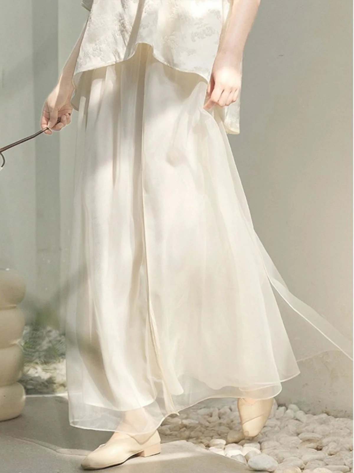 Elegant Chinese Style Half Skirt Tulle Dress Feminine White Chiffon Skirt Versatile High Waist A-Line Silhouette Daily Wear