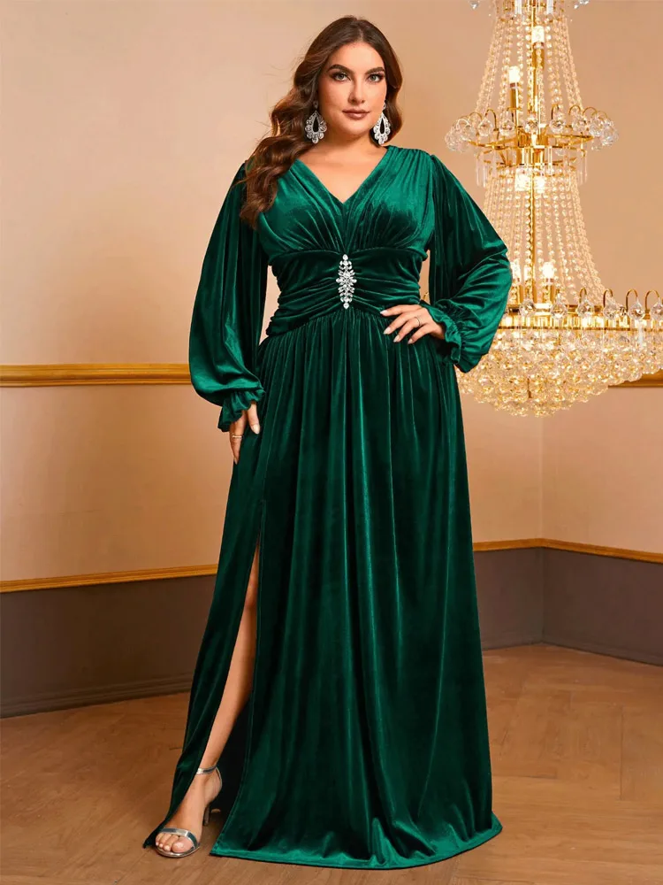 S-7xl V-Neck Long-Sleeved Velvet Floor-Length Autumn And Winter Evening Dress Plus Size Elegant Dark Green Velvet Dress Women