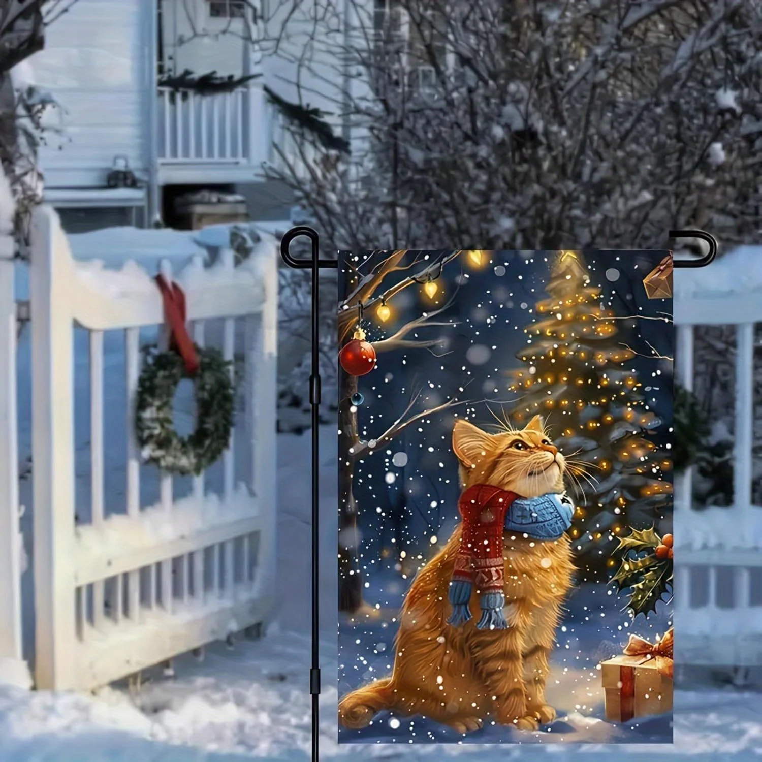 12x18 Double-Sided Vertical Christmas Cat Garden Flag - Festive Orange Cat in Snowy Winter Scene with Lights, Gifts