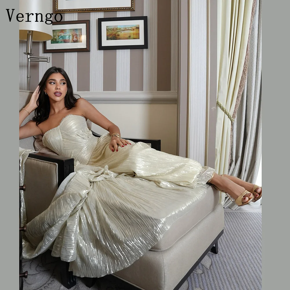 

Verngo Champagne Shiny Evening Dress Strapless A Line Formal Occasion Dresses Women Elgegant Prom Party Gowns Customized