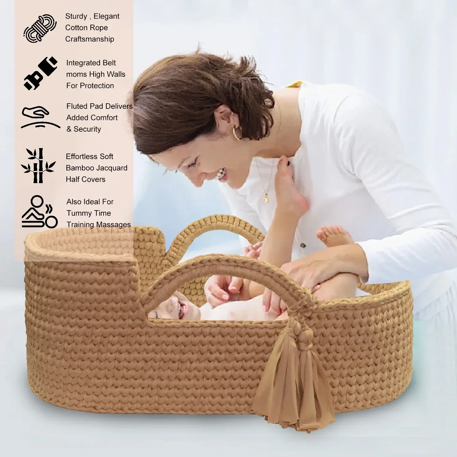 HandWoven Beige Cradle Crochet Baby Bassinet Moses Basket Boho Baby Basket Newborn Lounger with Stand and Mattress