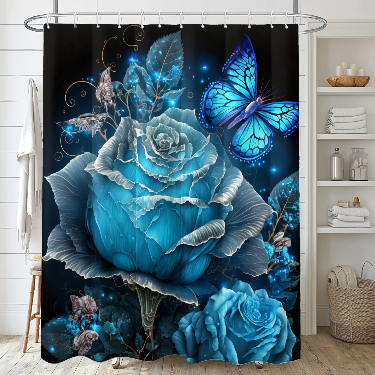 4-piece set of blue fairy flower print 12 hook waterproof shower curtain, bathroom floor mat, U-shaped mat, toilet O cover mat