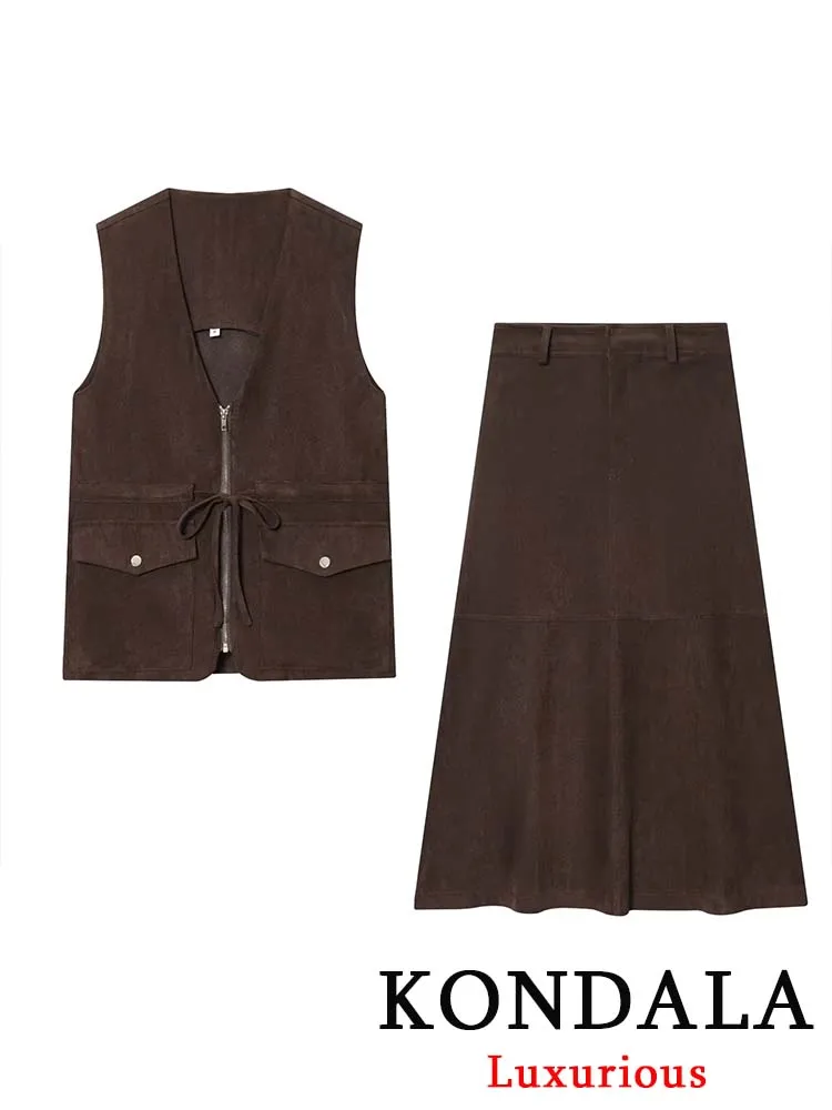 

KONDALA Vintage Casual Women Brown Solid Suit V-Neck Zipper Bow Pockets Vest Zipper Long Straight Skirt Fashion 2025 Autumn Sets