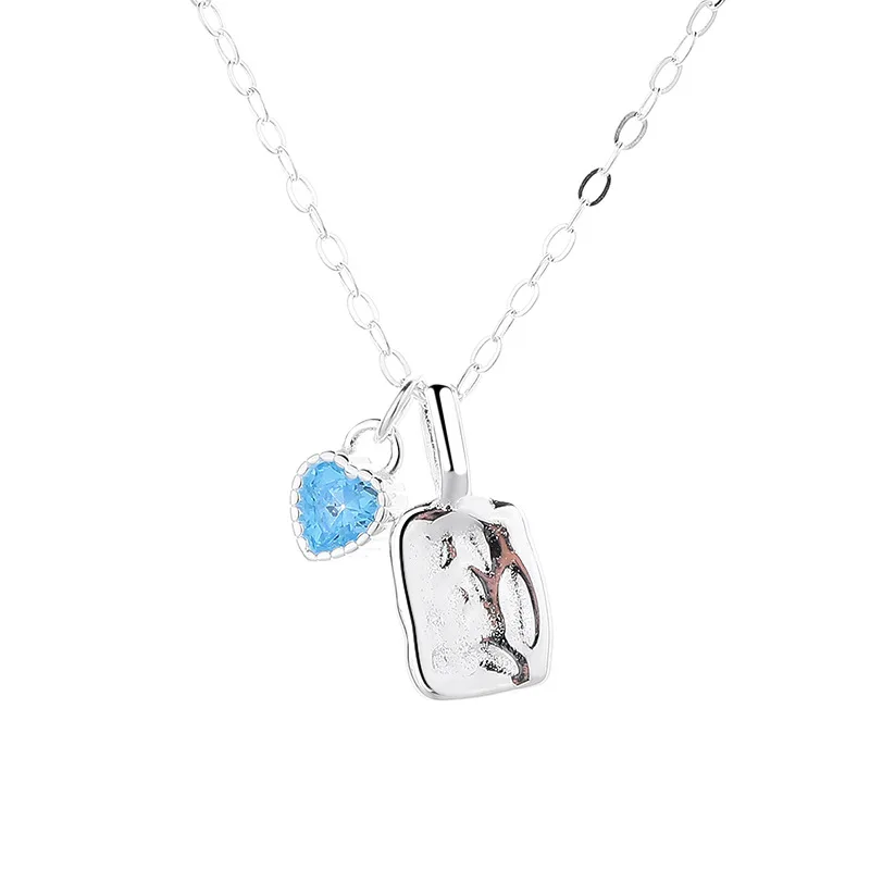 

S925 sterling silver jewelry irregular texture necklace for women – simple and sweet sea blue zircon heart pendant accessory