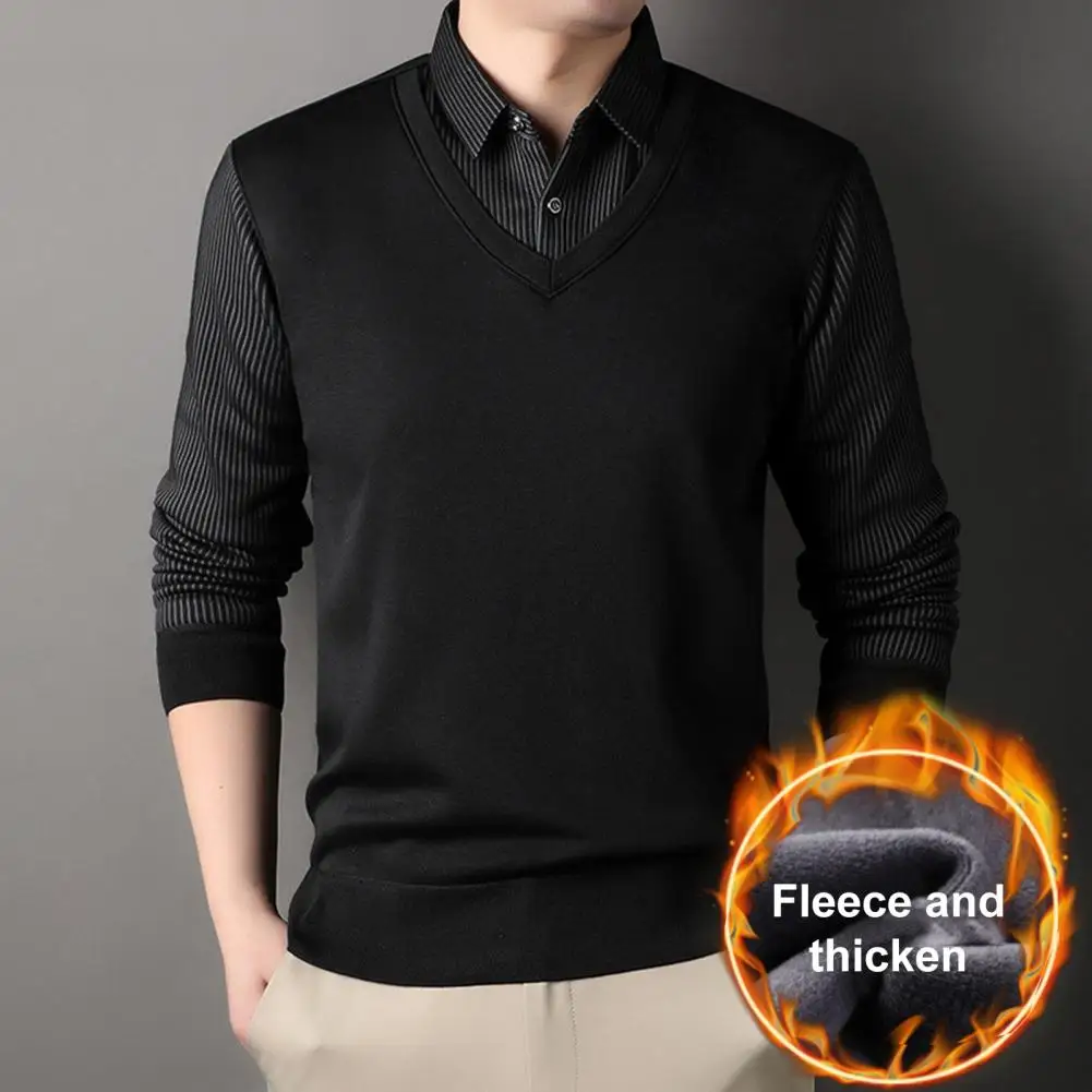 Men Sweater Fake Two-piece Shirt And Sweater Slicing Formal Business Style Turn-down Collar Long Sleeves Striped Office Autumn S