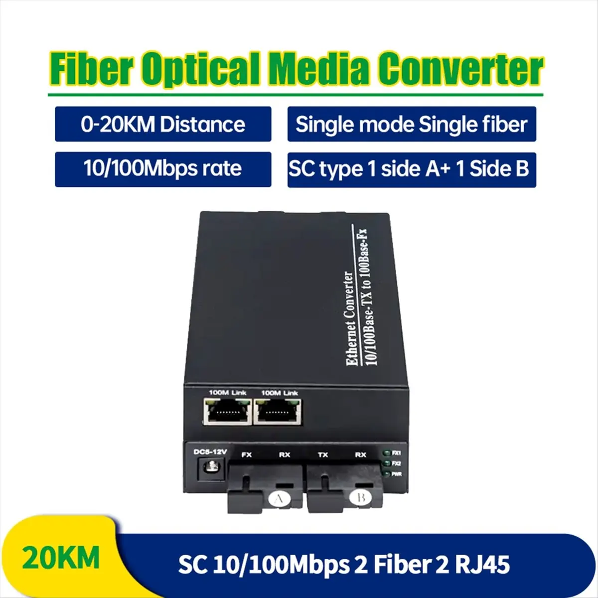 AU47-100M 2 Fiber Ports 2 RJ45 Port Fiber Converter 1310nm/1550nm Single Mode Simplex 20km SC Fibra Optical Conversor EU PLUG
