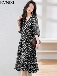 EVNISI Women Chic Printing Chiffon Dress Lace Up Summer Folds a-line abiti da ufficio eleganti per le donne Big Swing Vestido