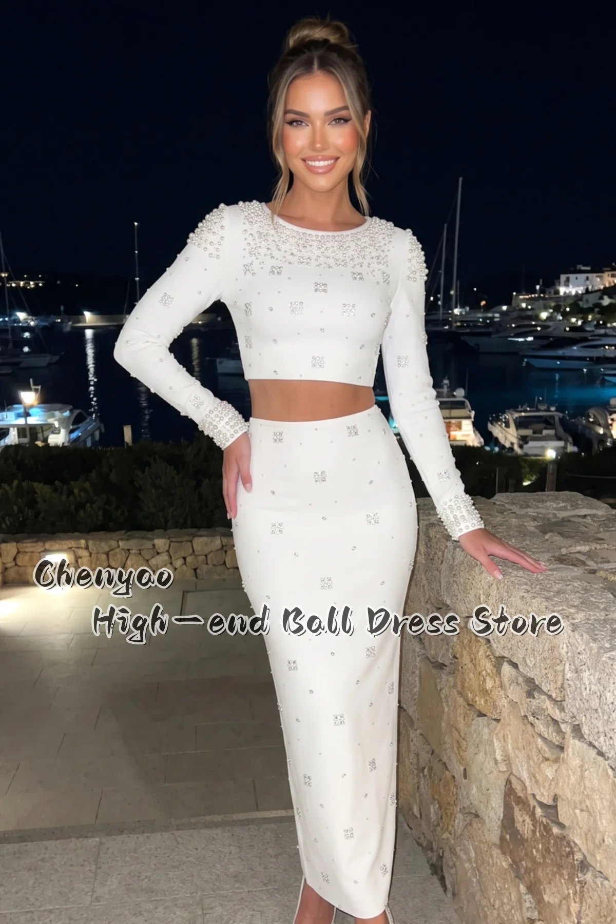 Chic Long Sleeve Crop Top Party Porm Dress Pearl Choker Neckline Cuffs Square Rhinestone Custom Evening Gown vestido de festa
