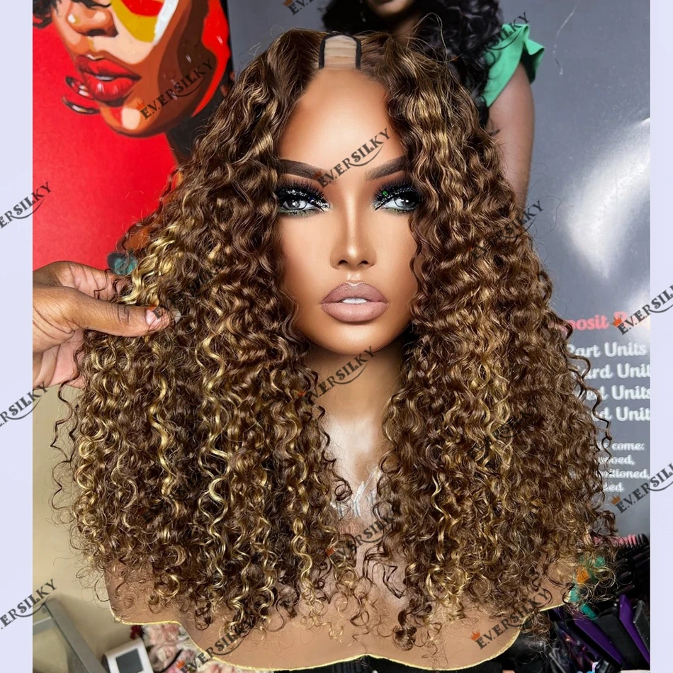 

Brown Honey Blonde Highlight Kinky Curly Human Hair Machine Made U Part Wig for Black Women 200Density Remy Brazilian V Part Wig