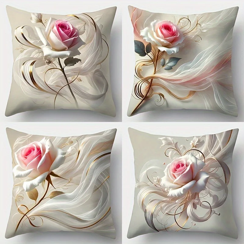 4pcs Rose Floral Pillow Covers Velvet Polyester Cushion Cases Pink White Gold Elegant Decorative Throw Pillows Home Decor