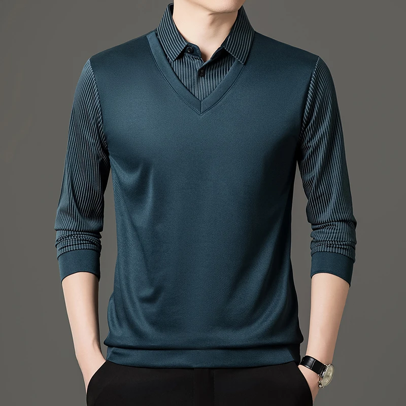 Frühlings- und Herbst-T-Shirt für Herren mittleren Alters, zweiteilig, aus reiner Baumwolle, langärmlig, mit großem Kragen und lockerem Poloshirt-Design. – Detail 11