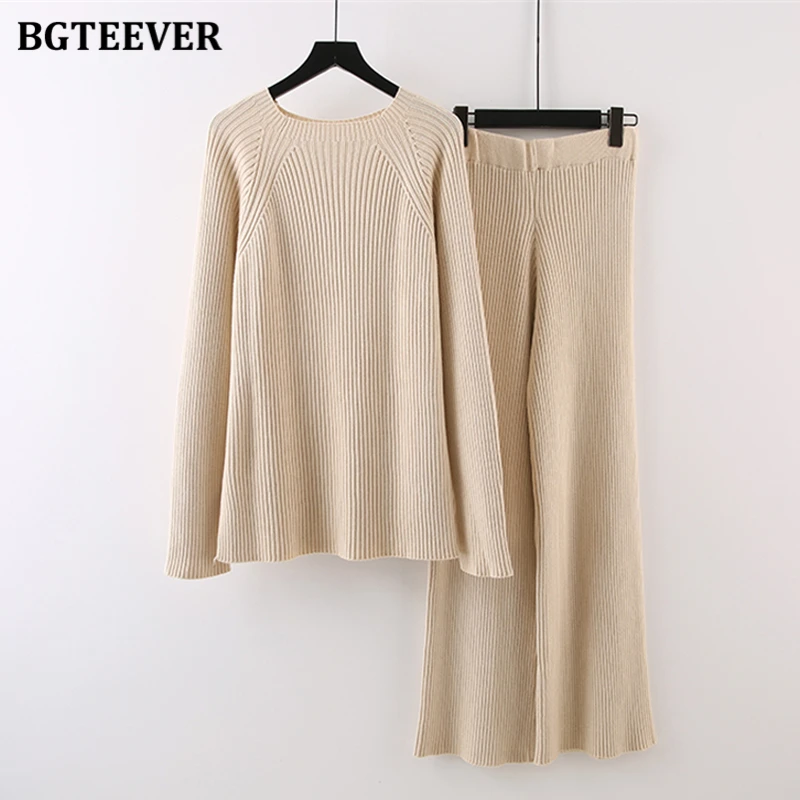 BGTEEVER Women 2 Pieces Sweaters Set Winter O-neck Long Sleeve Knitted Jumpers Female Wide Leg Pants Ladies Knit Tracksuits